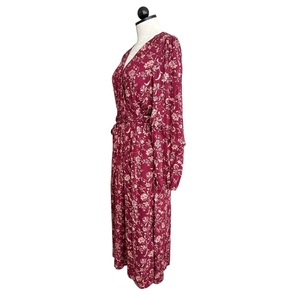 Knox Rose Burgundy Floral Midi Dress Boho Long Sleeve Surplice Neckline Size S - Picture 5 of 15